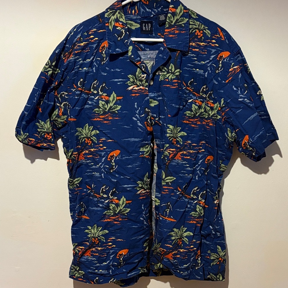 GAP Men's Navy and Orange Tropical Shirt